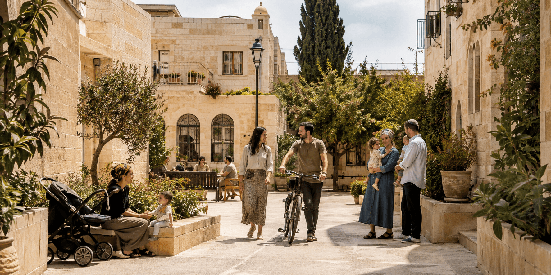 Families and neighbours together in a sunlit Jerusalem-stone courtyard in Israel