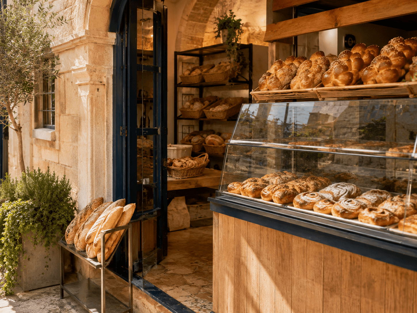 Fresh challah and pastries in a warm Jerusalem neighbourhood bakery