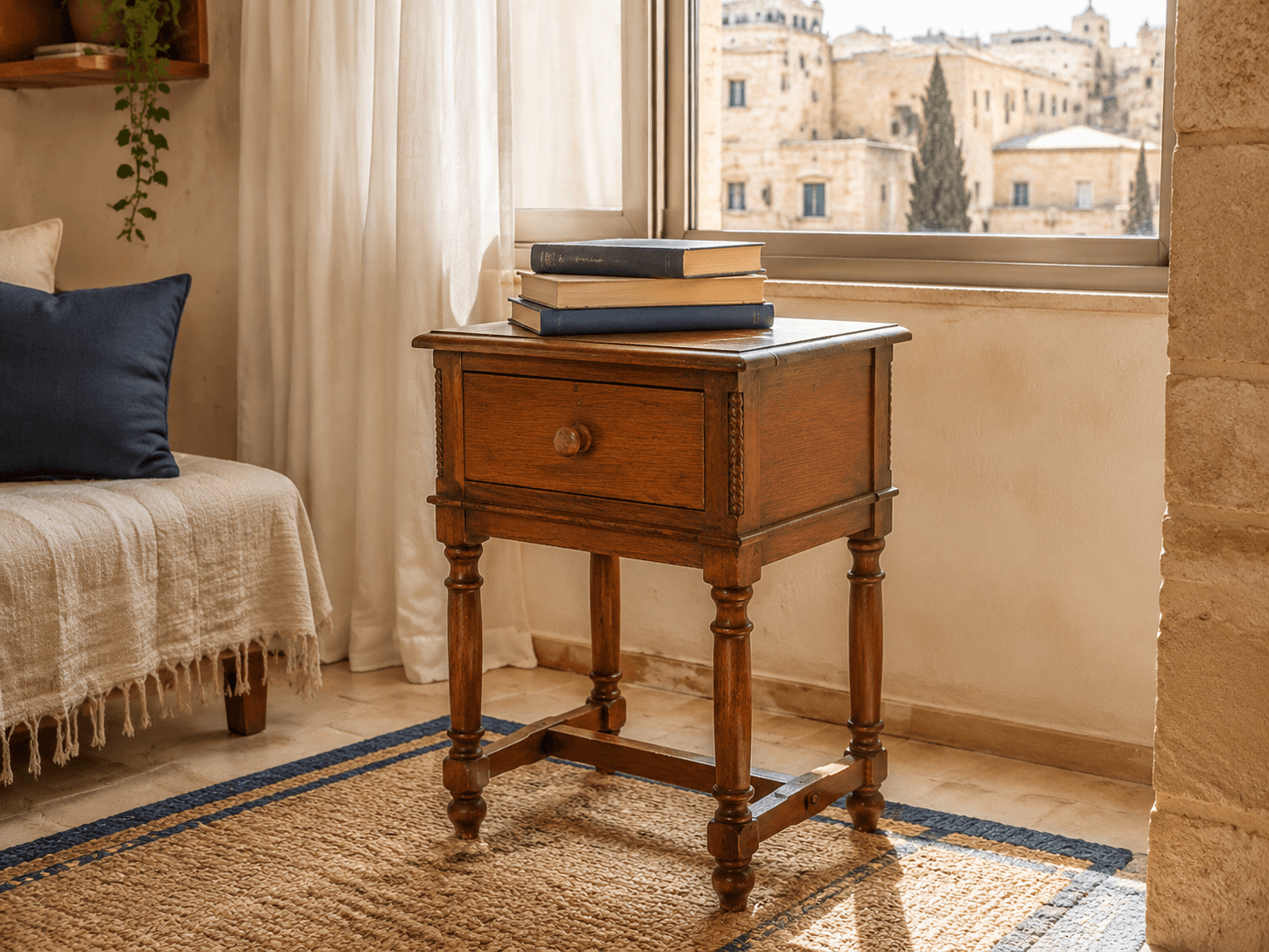 A second-hand wooden side table inside a warm Jerusalem flat